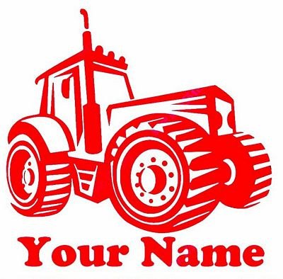 Red die-cut vinyl wall decal of a big farm tractor with the words Your Name underneath