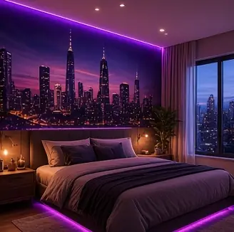Example concept image: city skyline bedroom mural, rendered in the site style