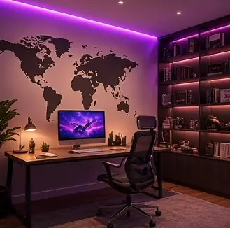 Example concept image: home office world map, rendered in the site style
