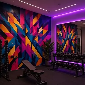 Example concept image: gym geometric mural, rendered in the site style