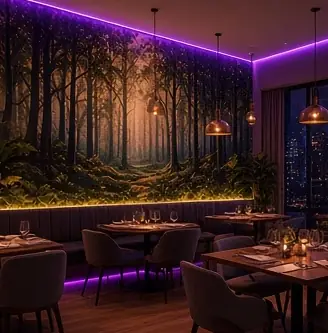 Example concept image: restaurant forest mural, rendered in the site style