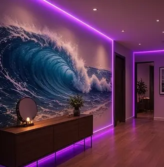 Example concept image: ocean wave hallway mural, rendered in the site style